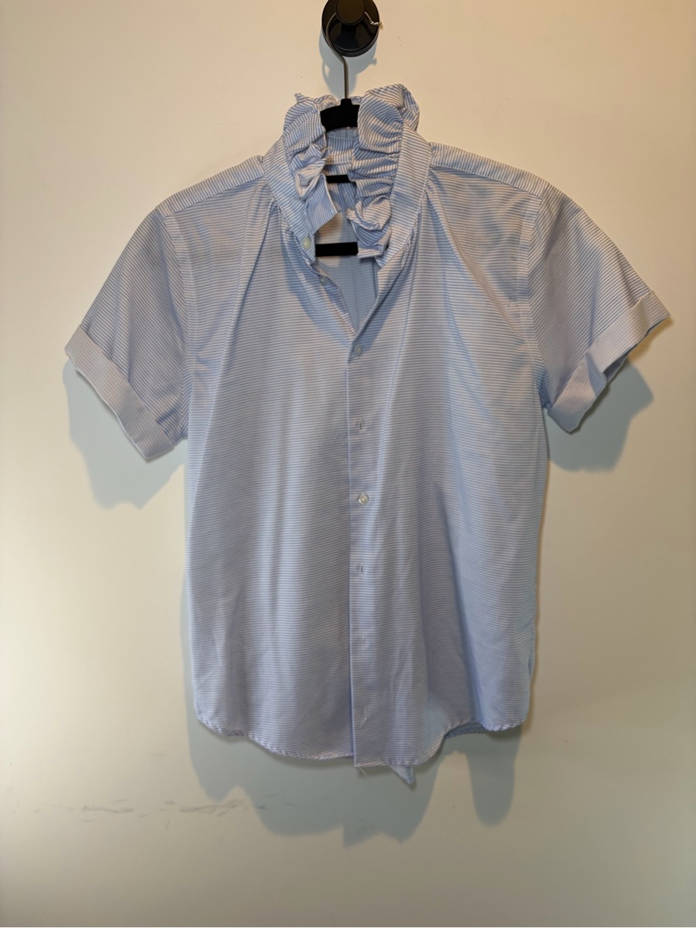 KMJ Ruffled Collar Short Sleeve Tee in Light Blue Stripe